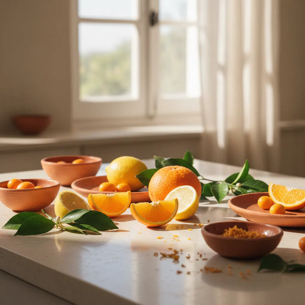 Tuoreita appelsiineja ja sitruunoita vaalealla puupinnalla, C-vitamiinin lähteet