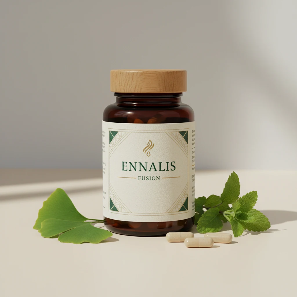 Ennalis Fusion -ravintolisäpullo studiokuvassa, vieressä tuoreita sitrushedelmän siivuja ja vihreitä lehtiä